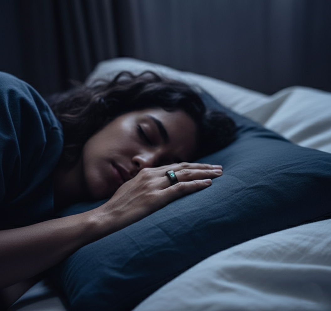 Lady sleeping with Flexon ring tracking sleep
